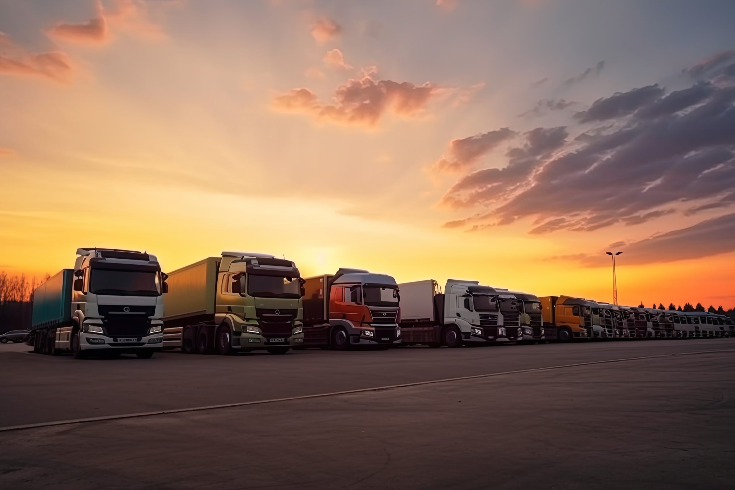 many transport trucks parked at a service station at sunset.